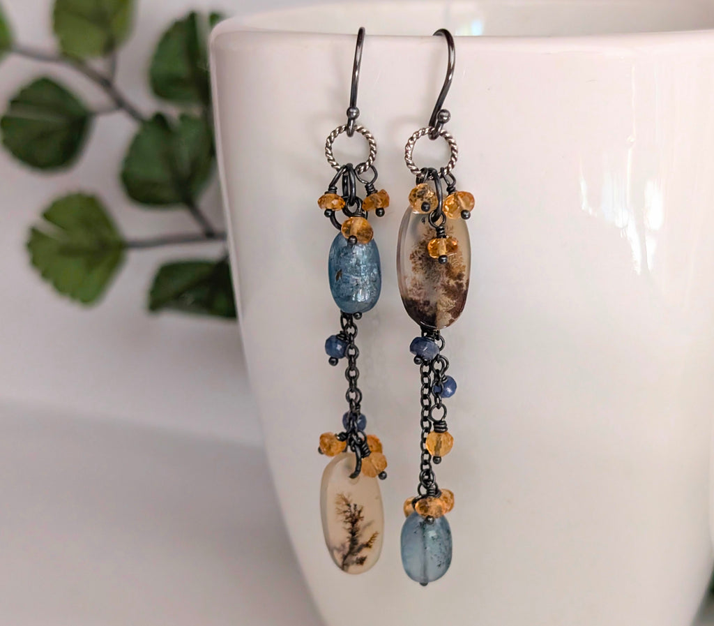 Dendritic Agate with Kyanie and Citrine Earrings