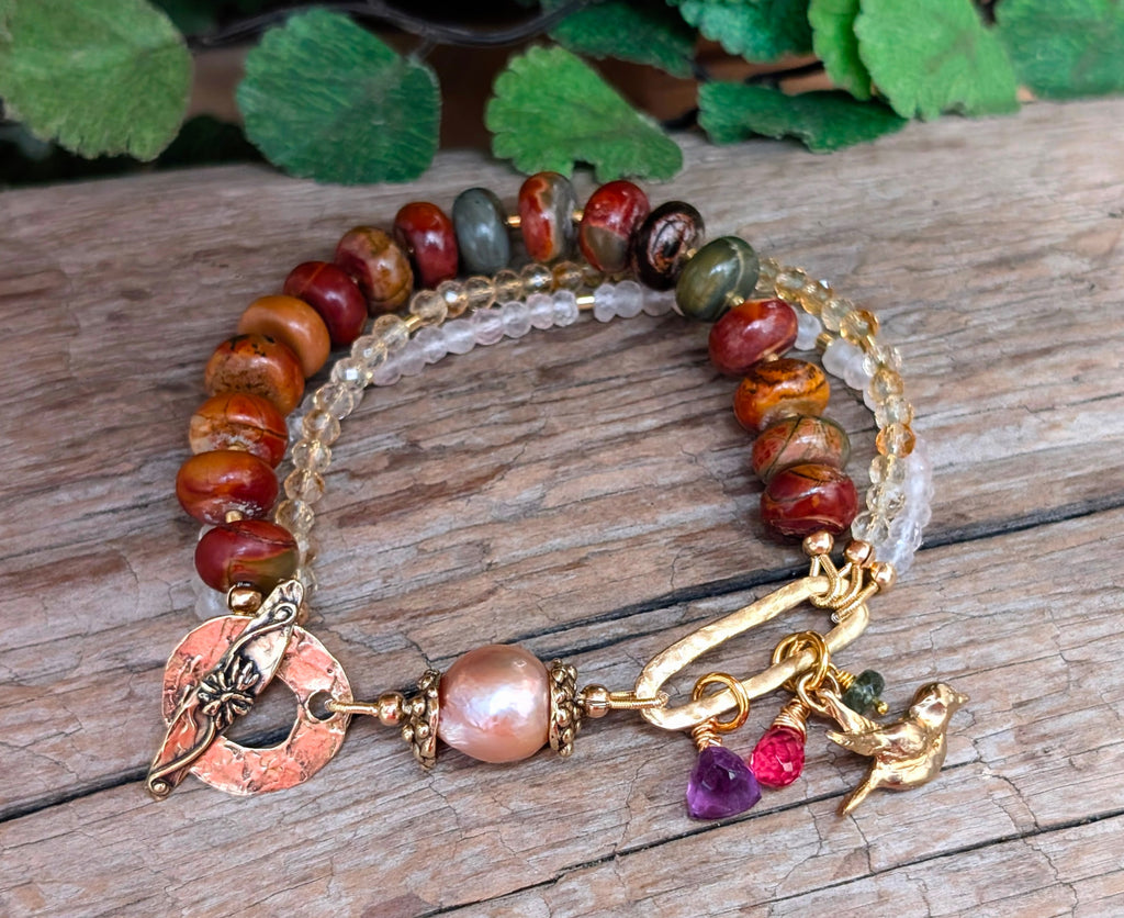 Red Jasper with Citrine. Multi Strand Bracelet.
