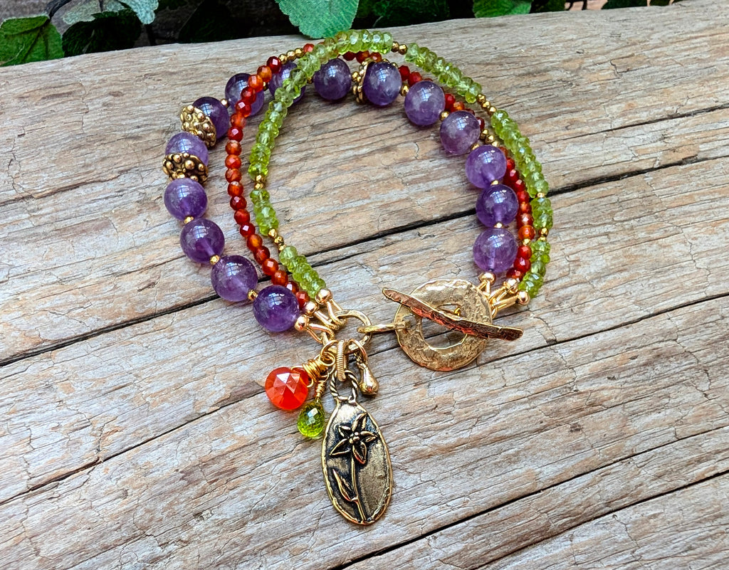 Amethyst with Carnelian and Peridot Bracelet
