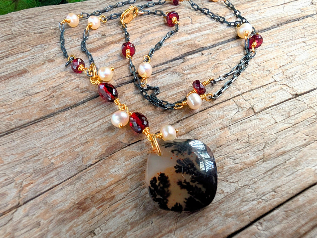 Dendritic Agate Pendant, Dendritic Agate Silver Necklace, Garnet Necklace
