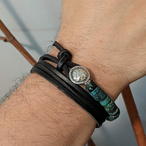 Turquoise black leather wrap bracelet for men, designed and handcrafted by Aurora Creative Jewellery