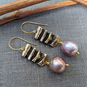 Handmade artistic large pink Edison pearl and gold bronze drop earrings by Aurora Creative Jewellery