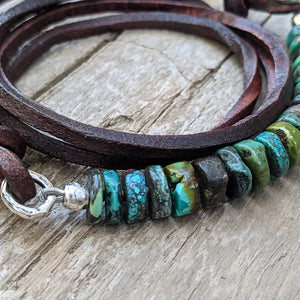 Genuine turquoise gemstone leather wrap bracelet for men, designed and handcrafted by Aurora Creative Jewellery