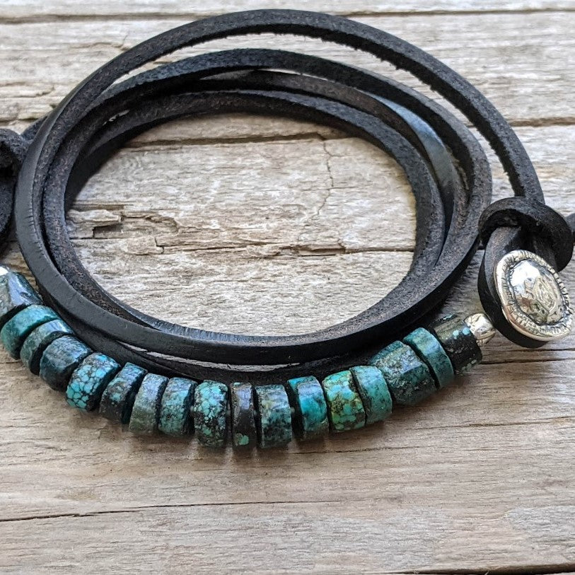 Turquoise Leather Wrap Button Bracelet - Men's/Unisex – Aurora
