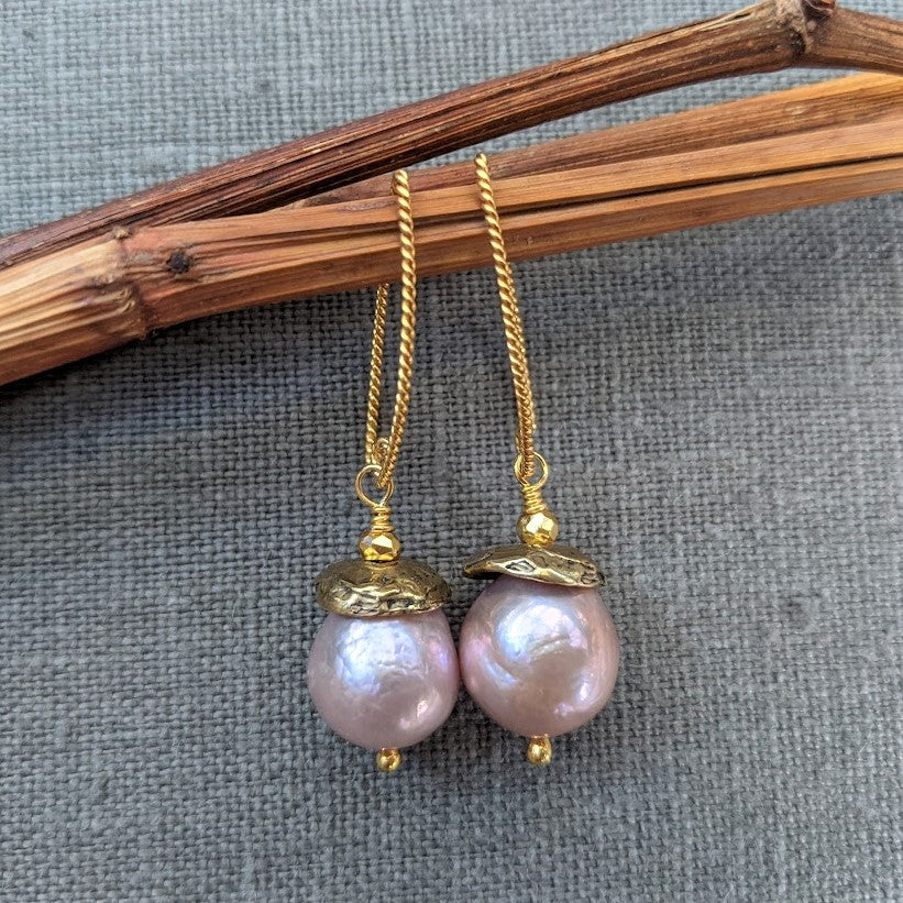 Handmade artisan large pink Edison pearl drop earrings with gold bronze, designed and handcrafted by Aurora Creative Jewellery