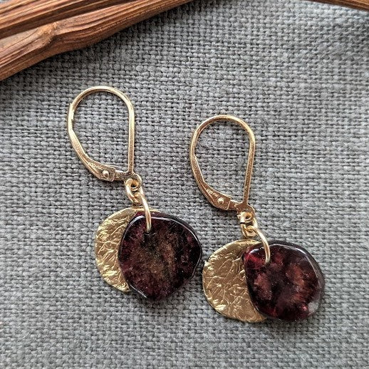 Handmade artisan garnet gemstone drop earrings with gold bronze flakes, handcrafted by Aurora Creative Jewellery