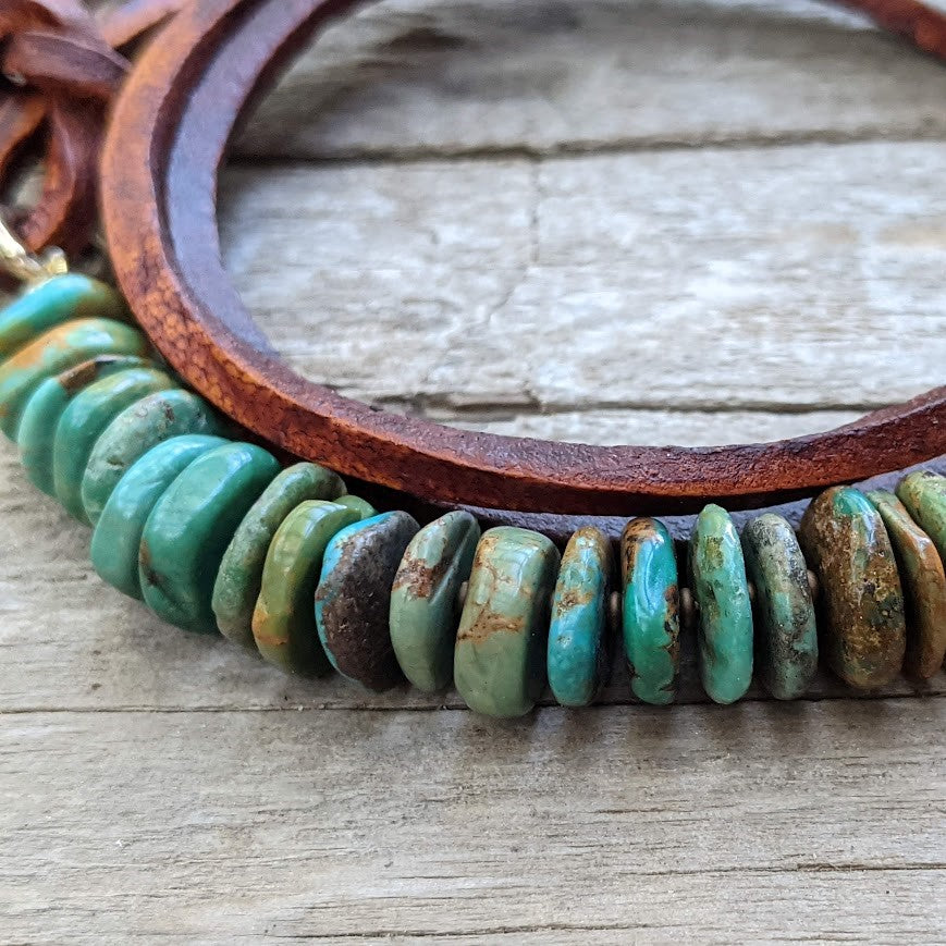 Genuine turquoise gemstone and leather wrap bracelet for men, designed and handcrafted by Aurora Creative Jewellery