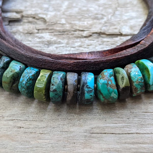 Genuine turquoise gemstone leather wrap bracelet for men, designed and handcrafted by Aurora Creative Jewellery