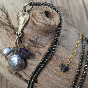 Pyrite, gray baroque pearl, labradorite, black opal and gold bronze pendant necklace by Aurora Creative Jewellery