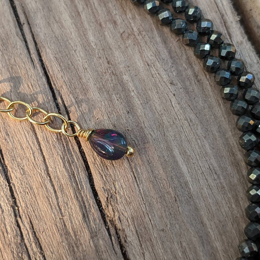 Pyrite, gray baroque pearl, labradorite, black opal and gold bronze pendant necklace by Aurora Creative Jewellery