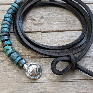 Turquoise black leather wrap bracelet for men, designed and handcrafted by Aurora Creative Jewellery