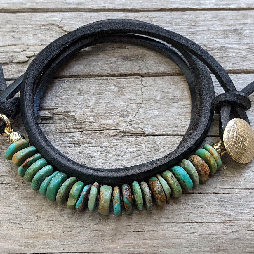 Genuine turquoise gemstone and leather wrap bracelet for men, designed and handcrafted by Aurora Creative Jewellery