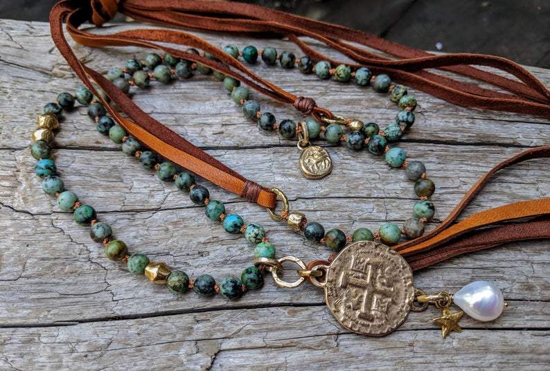Handmade artisan African turquoise and leather rustic boho pendant necklace by Aurora Creative Jewellery