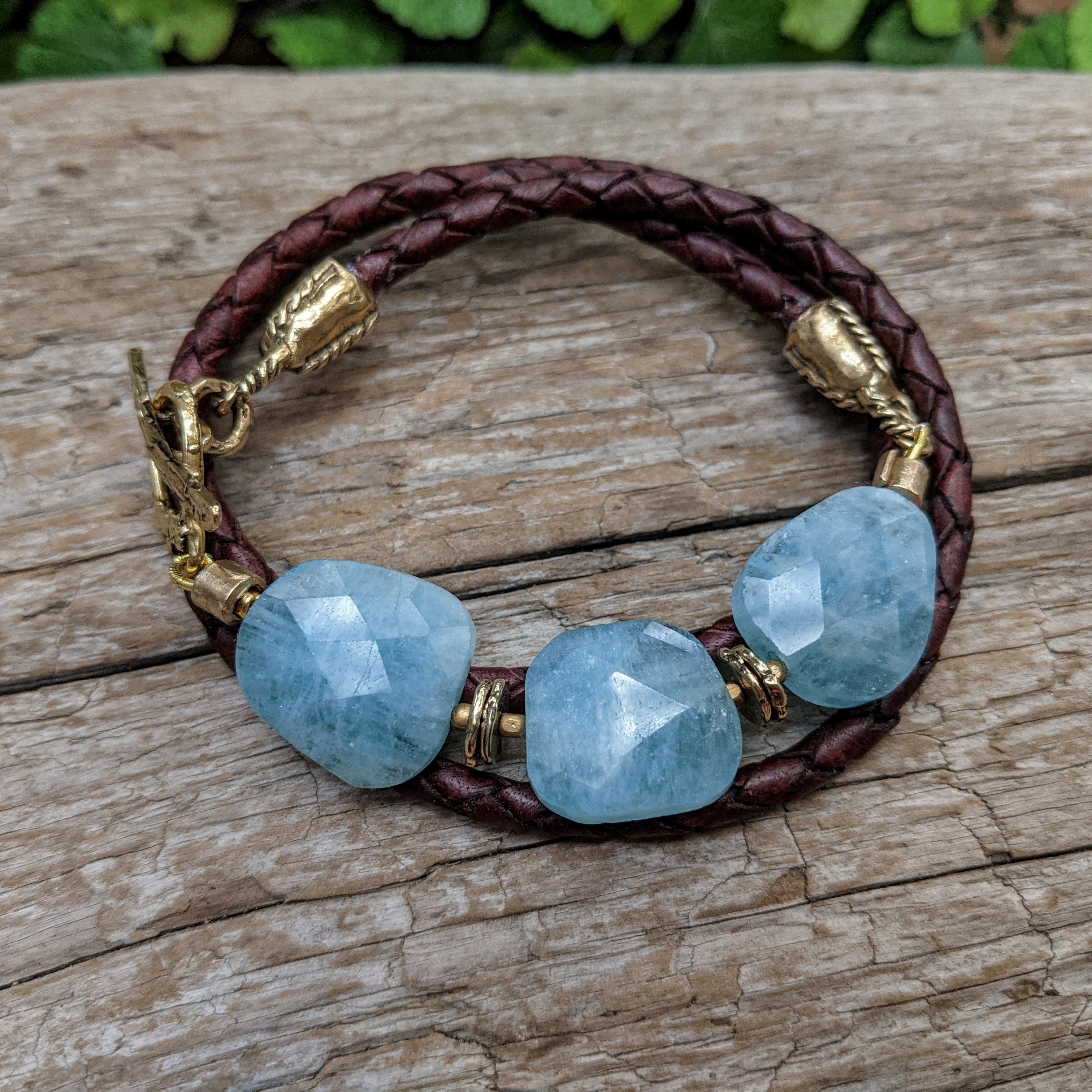 Aquamarine leather wrap bracelet. Organic handmade jewelry. Handcrafted by Aurora Creative Jewellery.