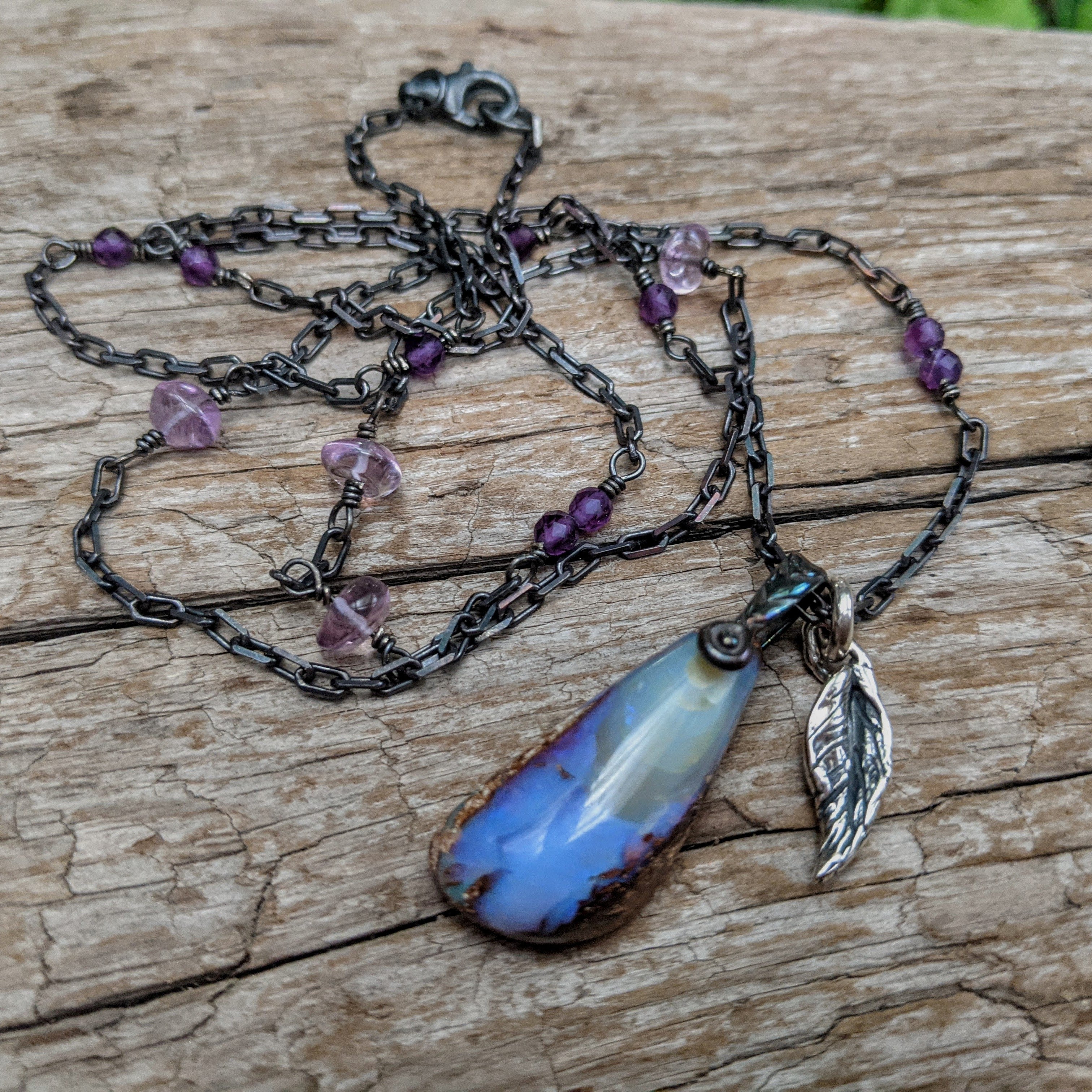 Genuine Australian Wood Replacement Koroit Boulder Opal Pendant Necklace, organic jewelry, gemstone necklace, statement, sophisticated necklace. Handcrafted by Aurora Creative Jewellery.