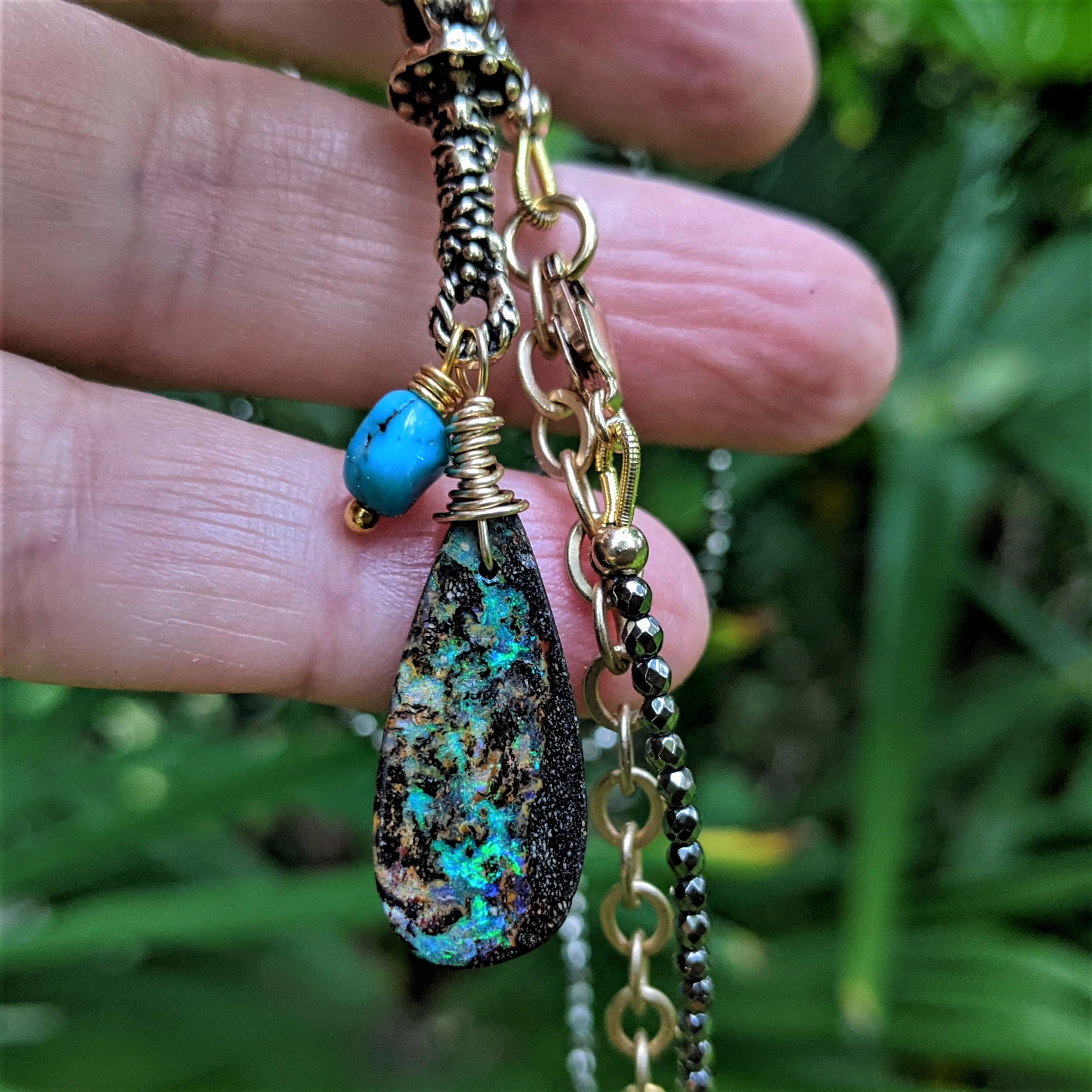 Australian Koroit opal pendant. Opal turquoise pyrite necklace. Artisan necklace. Statement necklace. 