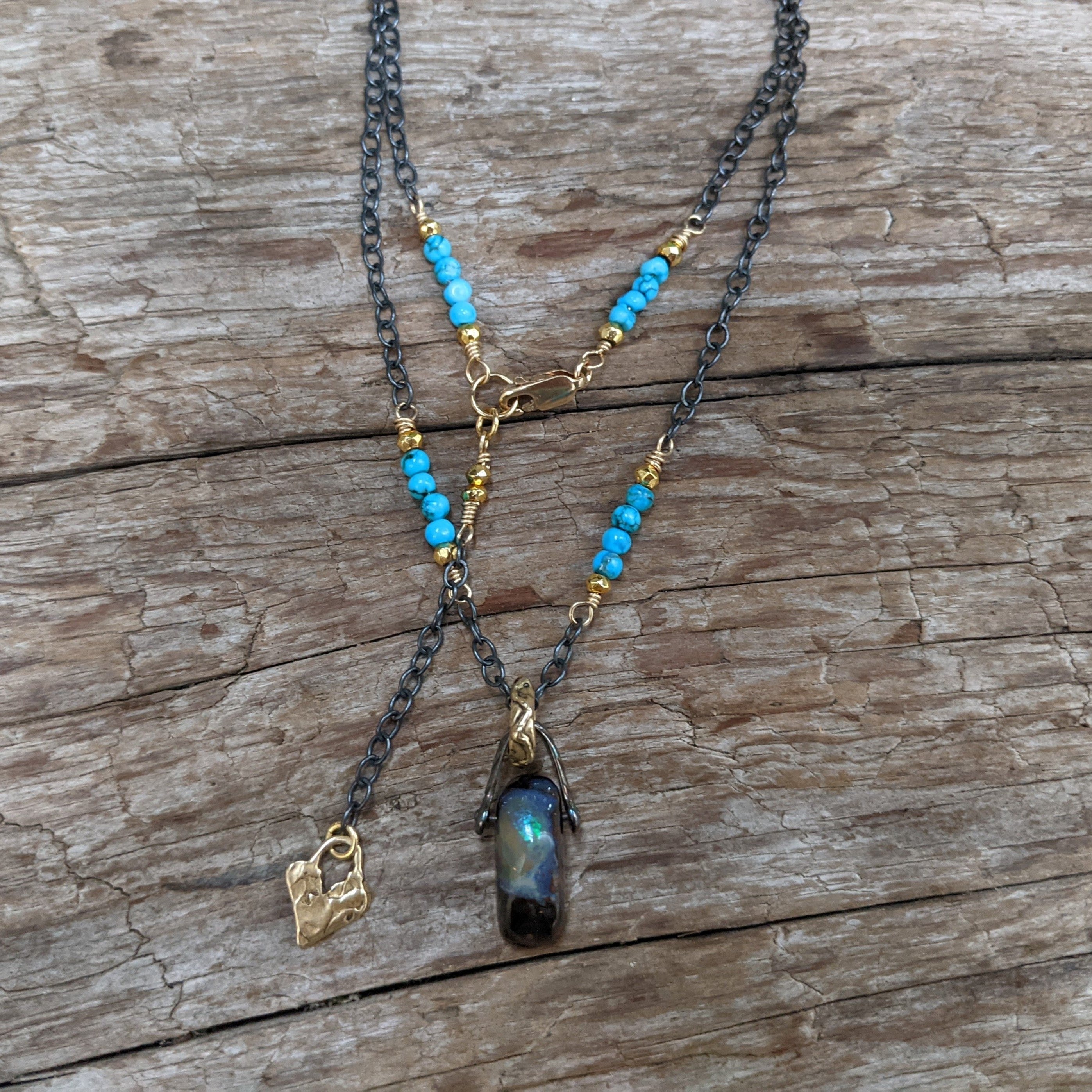 Australian koroit boulder opal necklace . Multi stone necklace. Oxidized silver chain opal and turquoise necklace. Organic  statement necklace handcrafted by Aurora Creative Jewellery. 