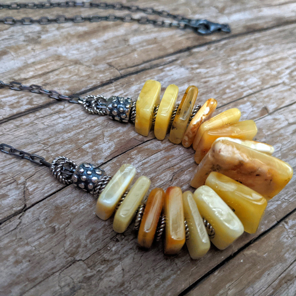 Butterscotch Baltic amber necklace. Organic necklace. Amber and oxidized silver chain necklace. Boho, bohemian necklace. Handcrafted by Aurora Creative Jewellery.