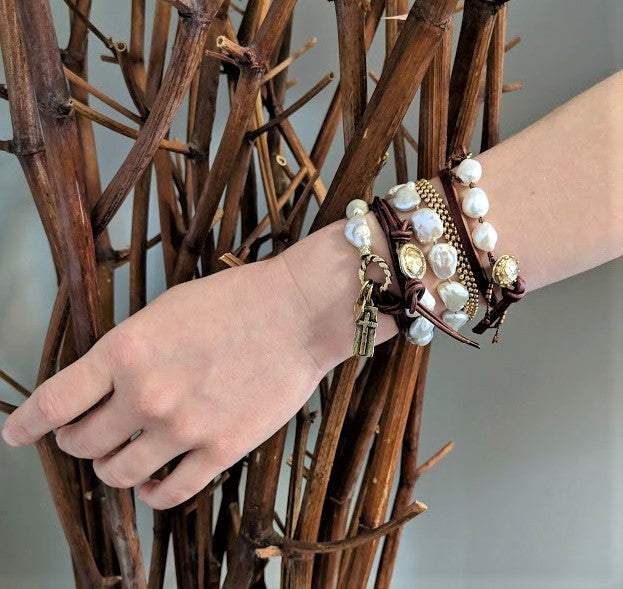 Boho Natural Black Baroque Pearl Leather Wrap Bracelet
