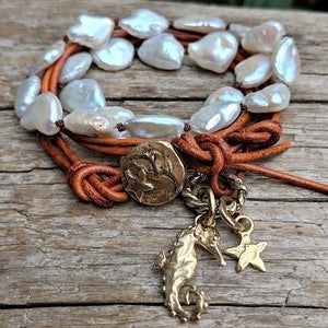 Pearl leather wrap bracelet with seahorse and star, ocean theme, by Aurora Creative Jewellery