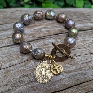 Big bronze Edison pearl bracelet. Saint Michael the Archangel charm bracelet. Handcrafted by Aurora Creative Jewellery.