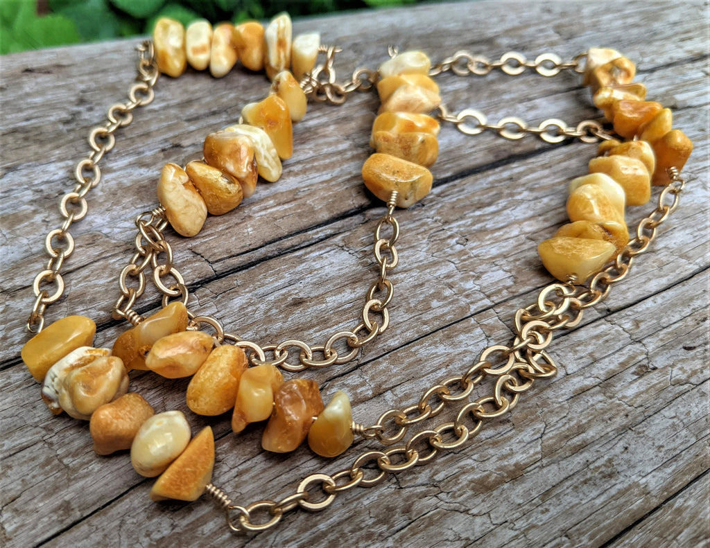 Butterscotch amber long chain necklace. Boho rustic necklace. Chunky organic necklace. Handcrafted by Aurora Creative Jewellery.