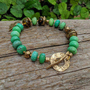 Chrysoprase, real Baltic amber bracelet. Statement bracelet. Handcrafted by Aurora Creative Jewellery.