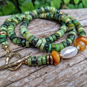 Chrysoprase gemstone necklace with butterscotch Baltic  amber & fresh water pearl handcrafted by Aurora Creative Jewellery.
