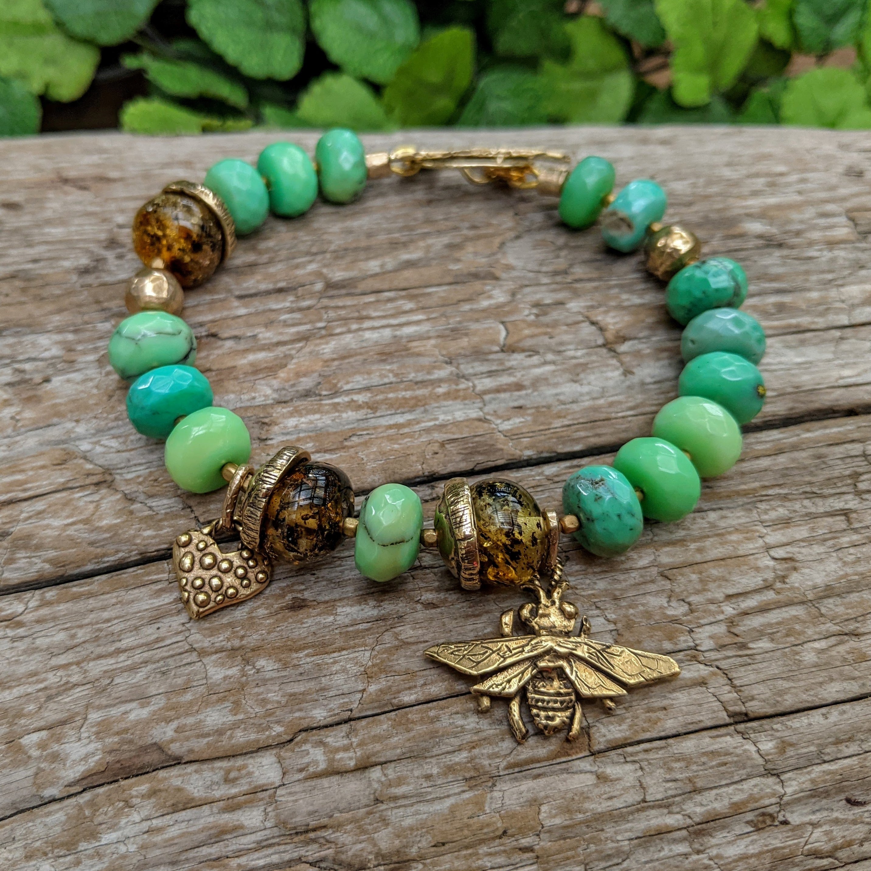 Lime green chrysoprase bracelet with Baltic amber. Bee charm bracelet. Forest green chrysoprase gemstone bracelet. Artisan bracelet. Artistic bracelet. Handcrafted by Aurora Creative Jewellery.