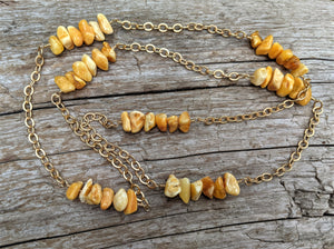 Egg Yolk Baltic amber necklace. Gold chain amber necklace. Layering necklace. Handcrafted by Aurora Creative Jewellery. 