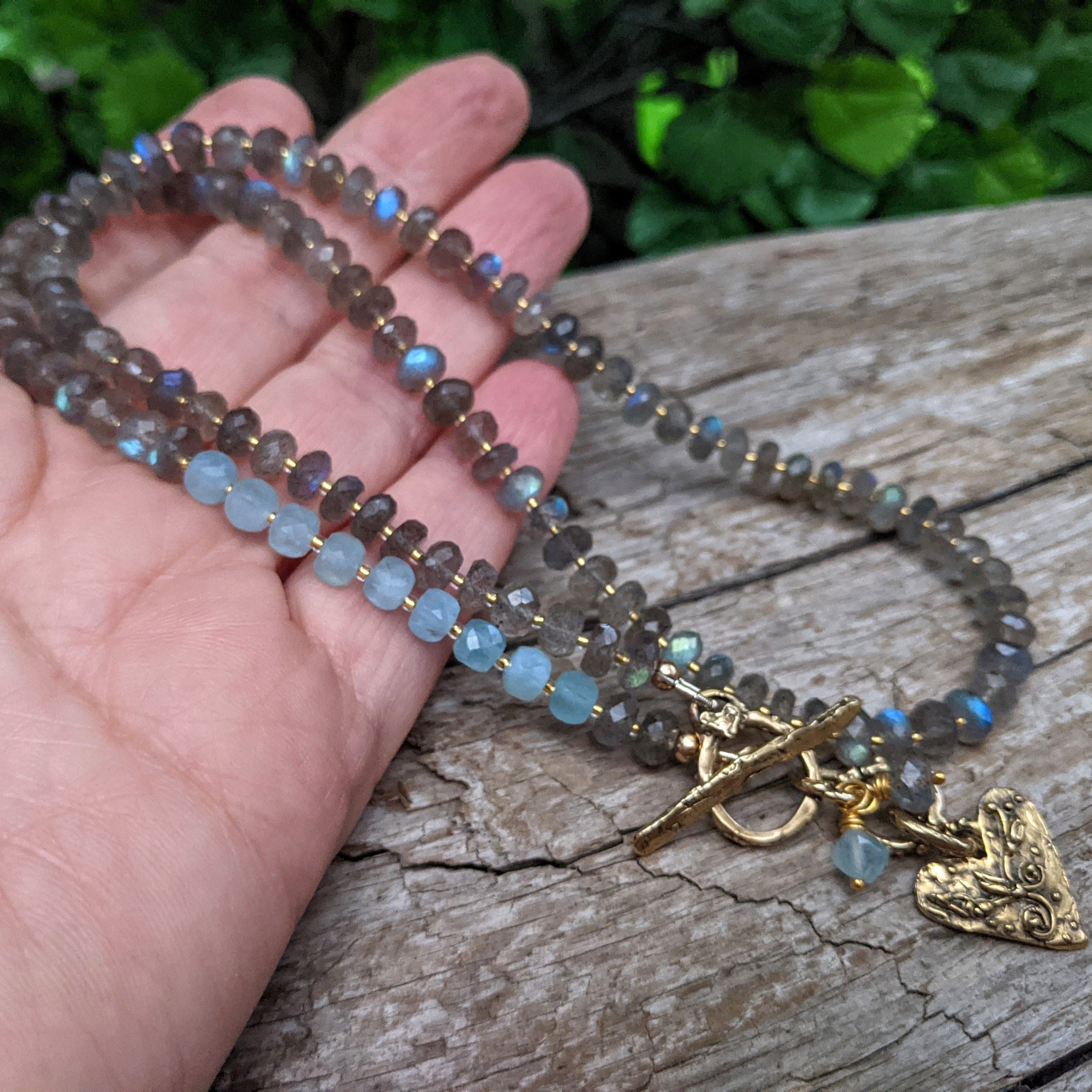 Sparkle, Blue flashy Labradorite & Aquamarine Necklace. Boho rustic necklace created by Aurora Creative Jewellery.