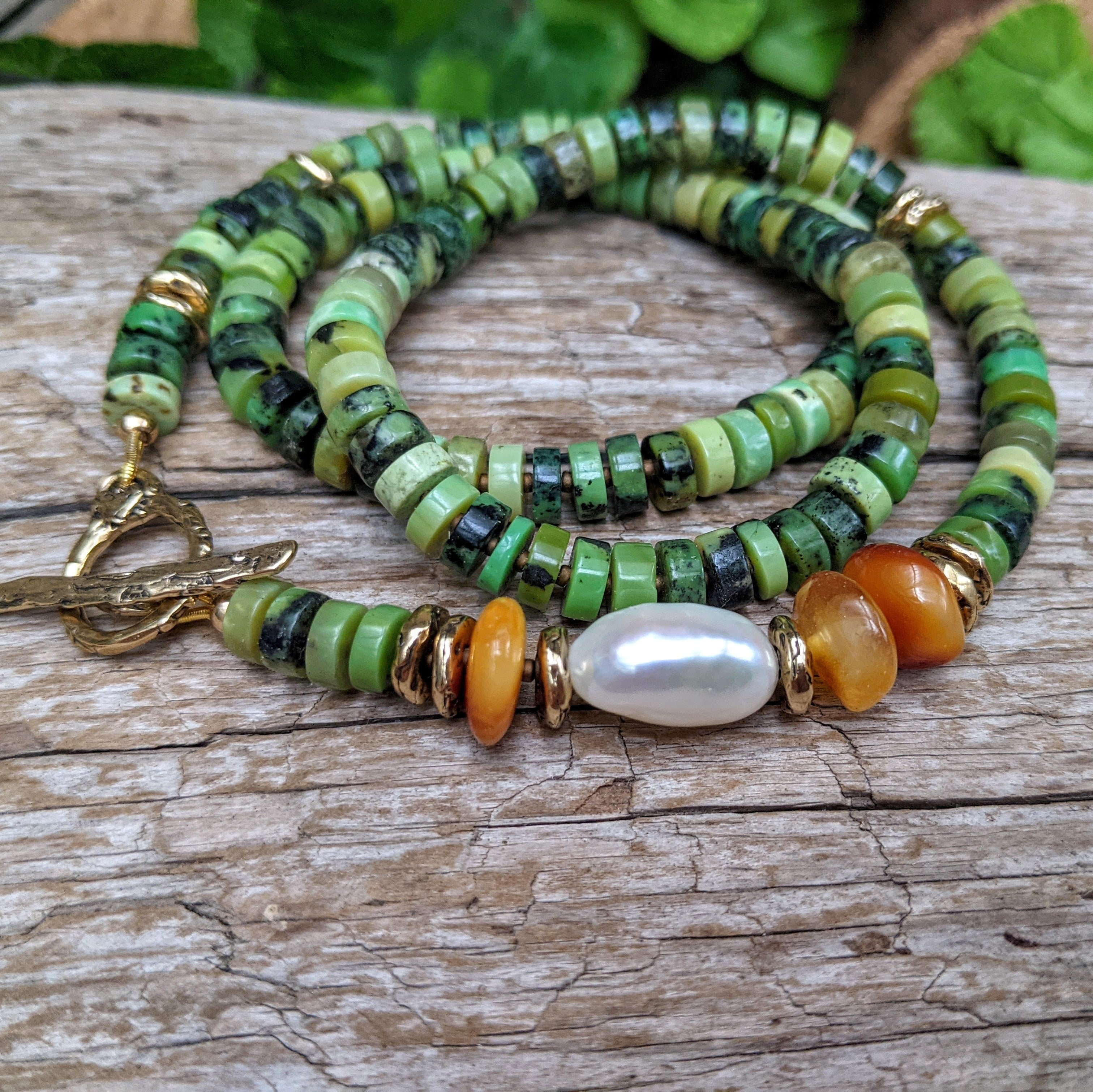 Forest green chrysoprase necklace with Baltic amber & fresh water pearl. Artisan rustic necklace handcrafted by Aurora Creative Jewellery.