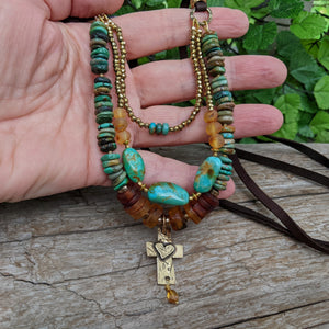 Rustic, chunky real turquoise, Baltic amber long necklace. Leather turquoise necklace. Organic gemstone necklace. Created by Aurora creative jewellery.