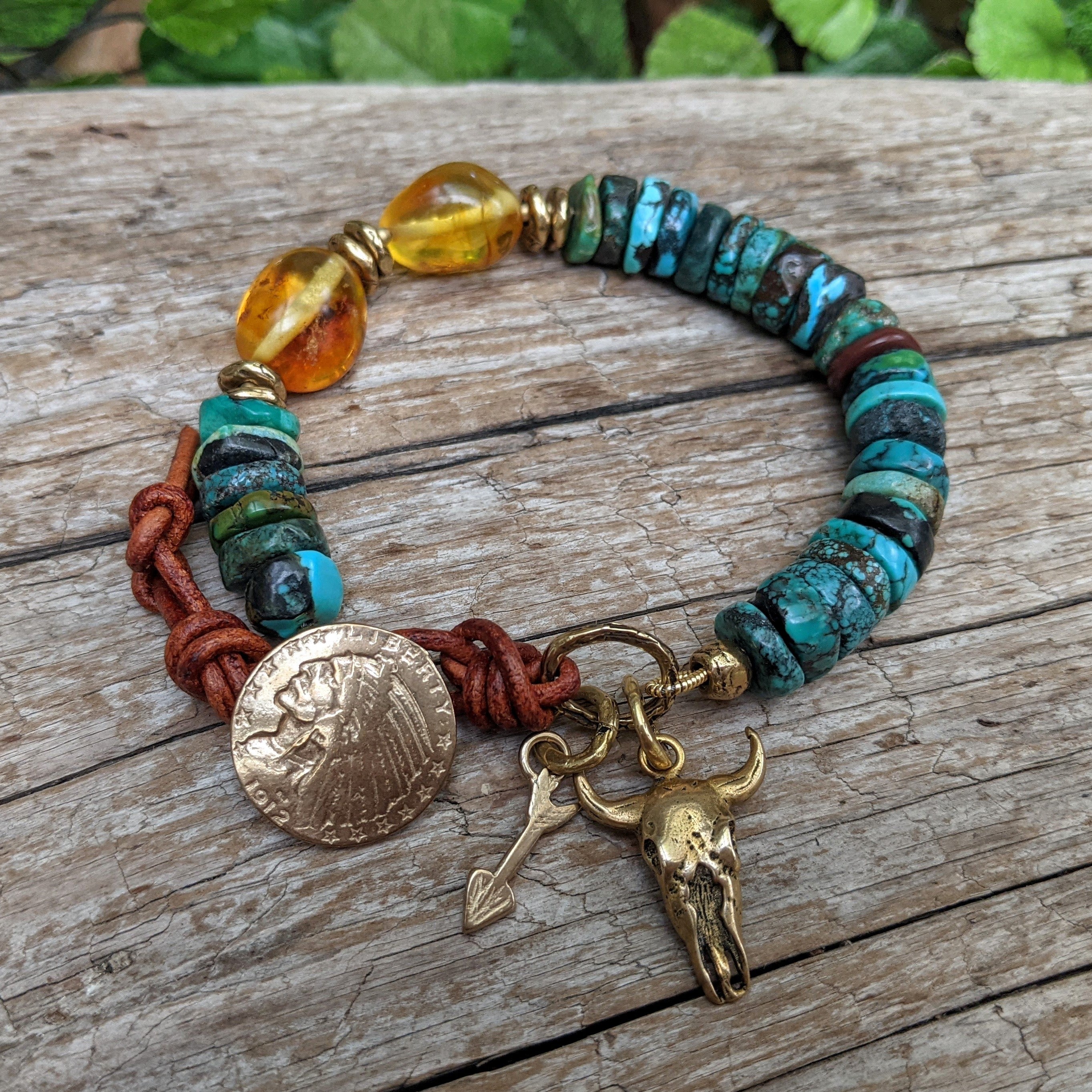 Genuine turquoise & Baltic amber bracelet. Indian head & steer Skull bracelet. Handcrafted by Aurora Creative Jewellery.