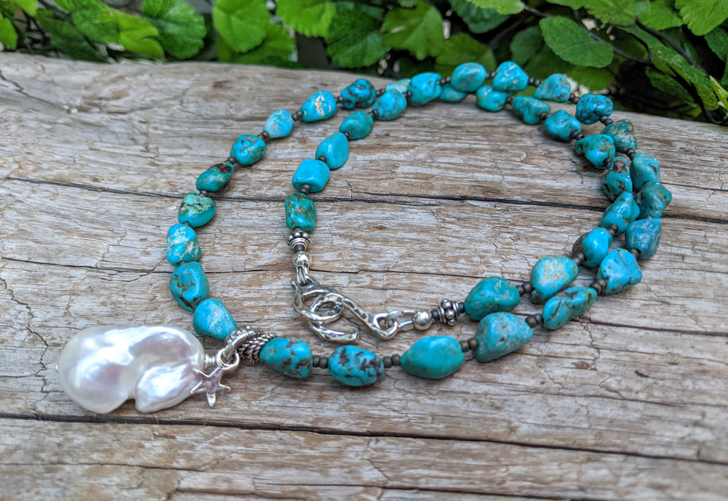 Genuine turquoise necklace & baroque pearl. Rustic , chunky turquoise necklace. Organic statement necklace. Handcrafted by Aurora Creative Jewellery.