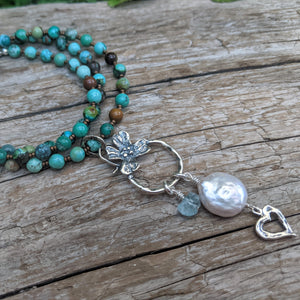 Real turquoise artisan necklace & multi stone pendant. Organic, creative necklace handcrafted by Aurora Creative Jewellery. 