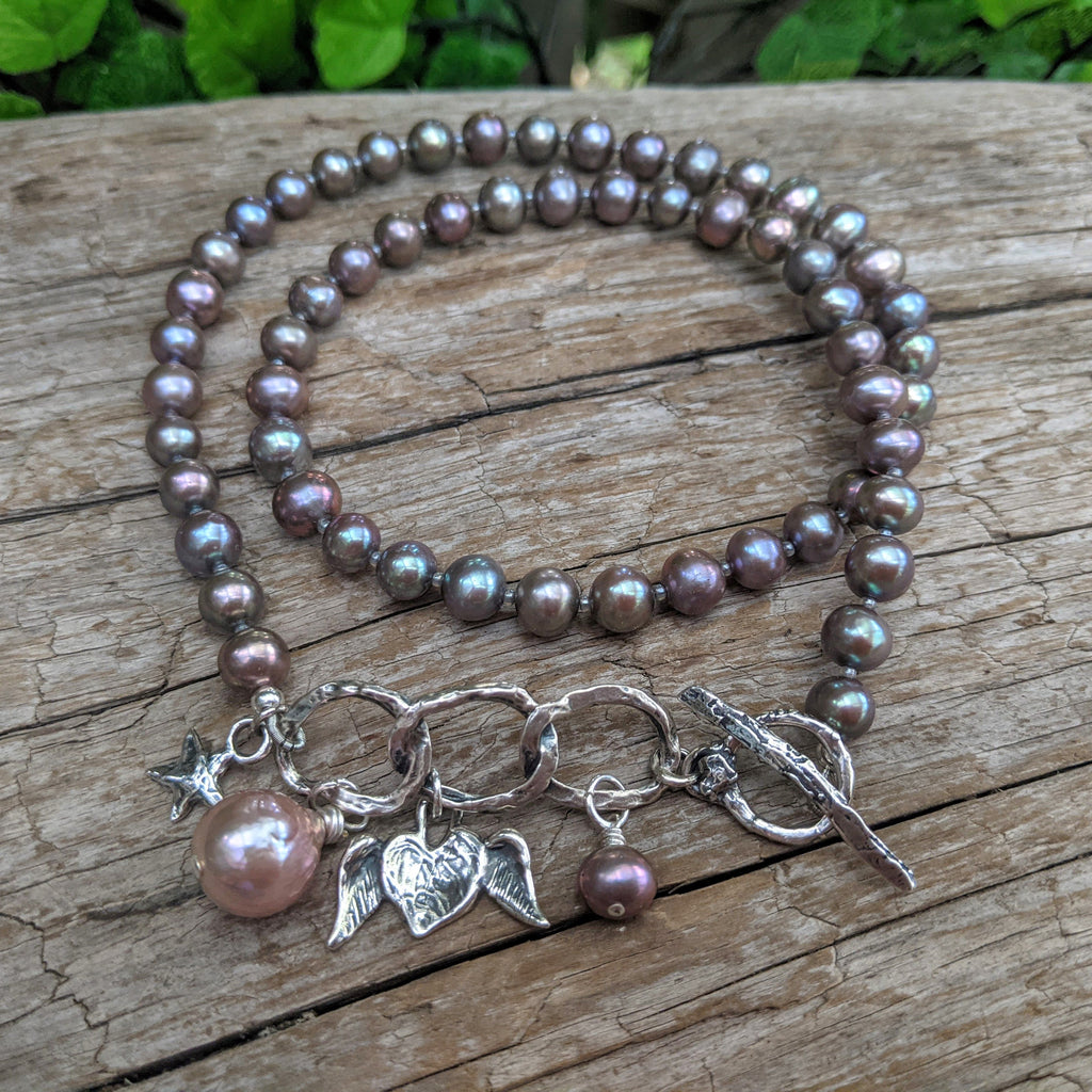 Grey fresh water pearl necklace, artisan necklace, charm necklace, statement necklace, boho necklace, bohemian jewelry. Handcrafted by Aurora Creative Jewellery.