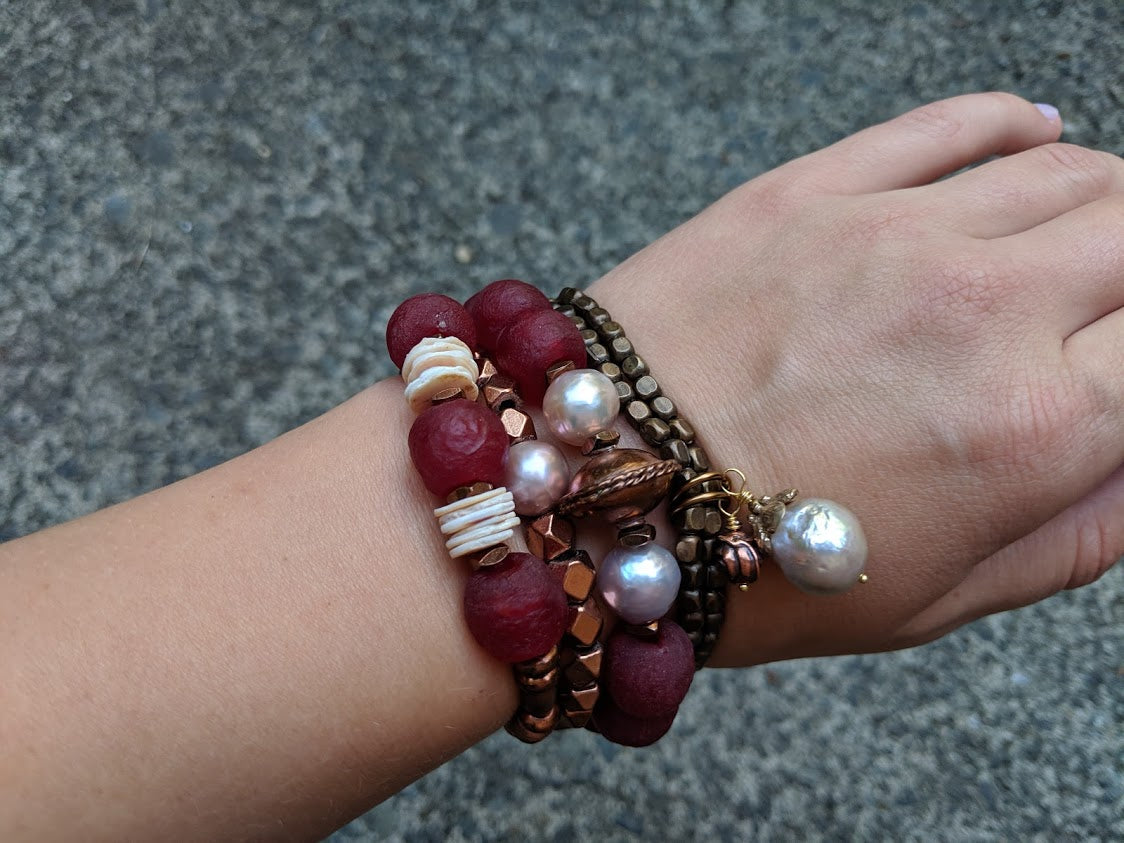 Sea Shell, Copper & Burgundy Recycled Glass Elastic Bracelet. Wear it on its own or in a stack! By Aurora Creative Jewellery
