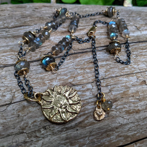 Labradorine chain necklace with artisan sun pendant. Statement necklace. Sparkle necklace. Gemstone necklace. Boho necklace created by Aurora Creative Jewellery.