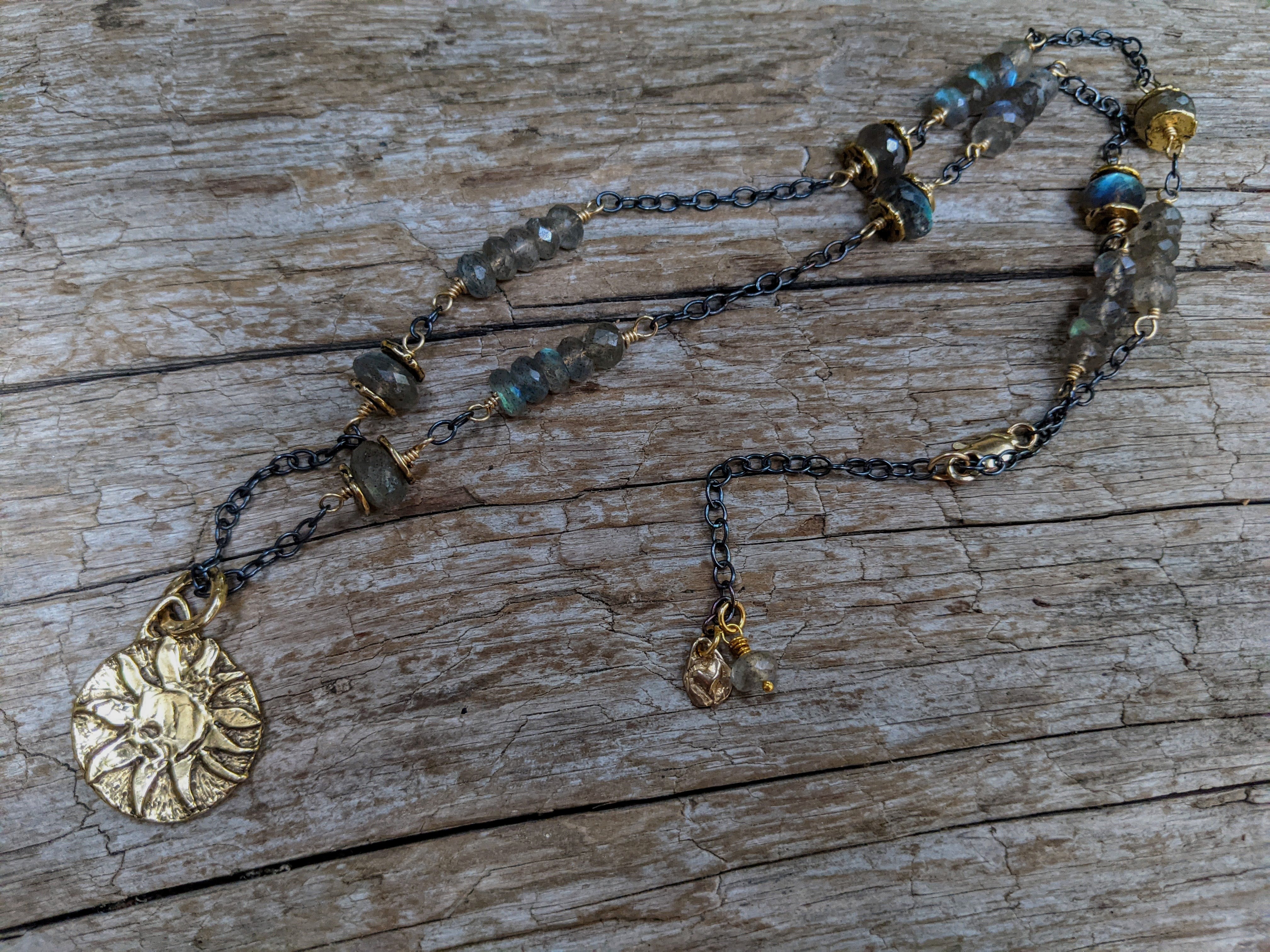 Labradorite necklace. Sun pendant necklace. Symbol sun pendant necklace. Artisan necklace handcrafted by Aurora Creative Jewellery.