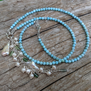 Larimar, freshwater pearl & tourmaline silver necklace. Artisan necklace handcrafted by Aurora Creative Jewellery.