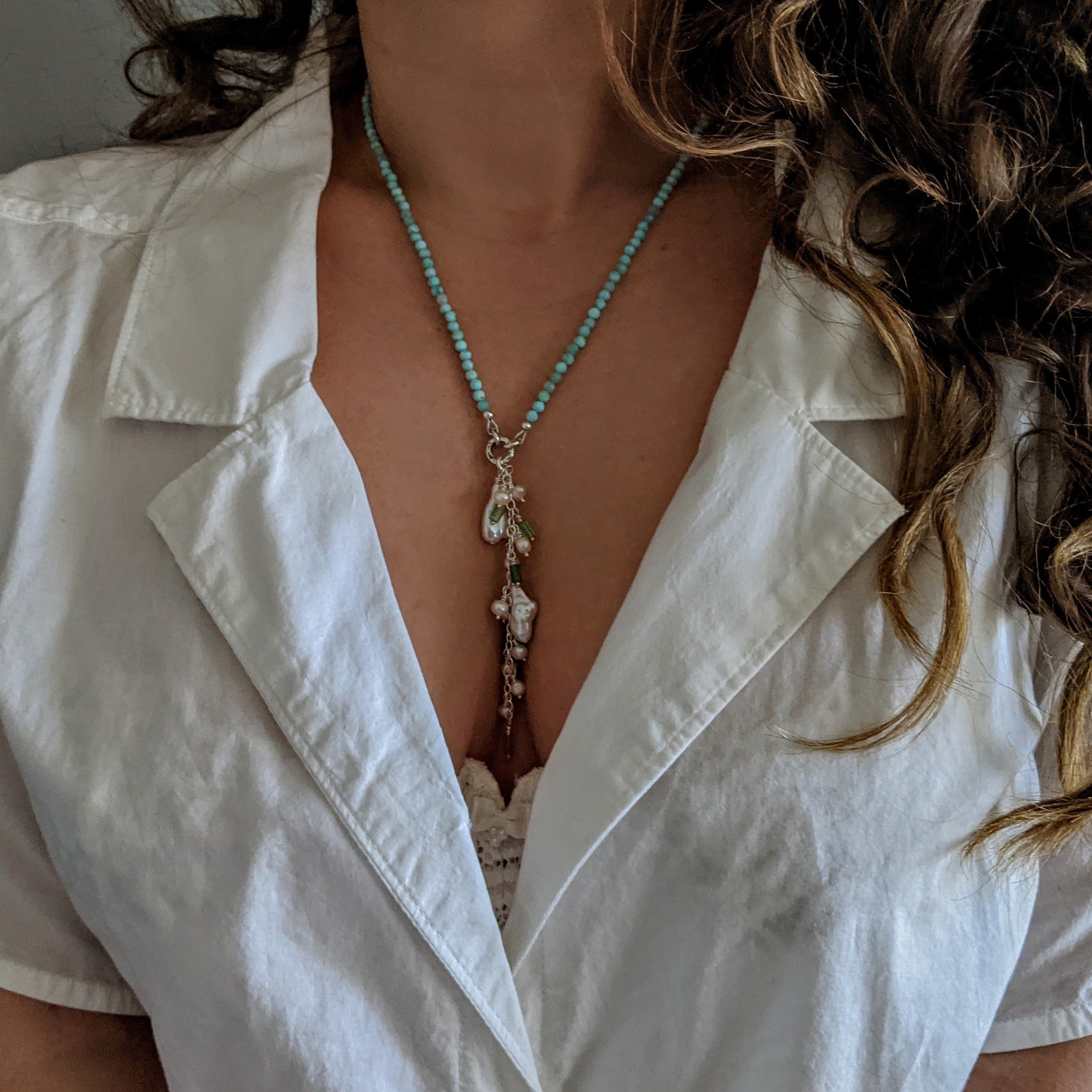 Larimar & pearl statement necklace. Handcrafted by Aurora Creative Jewellery. 