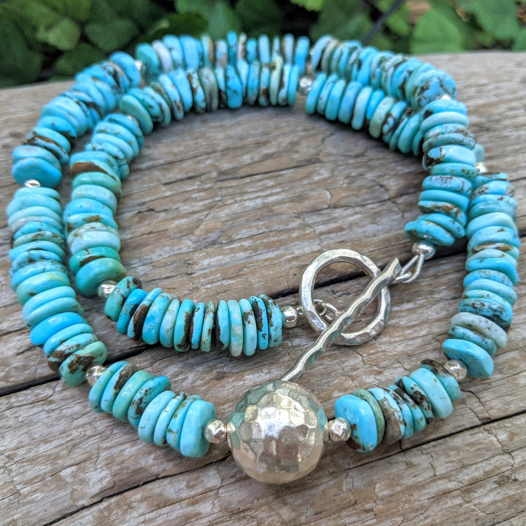 Light Blue turquoise necklace, bright blue turquoise necklace, classic turquoise necklace, turquoise silver necklace, statement turquoise necklace, artisan turquoise necklace. Handcrafted by Aurora Creative Jewelley.
