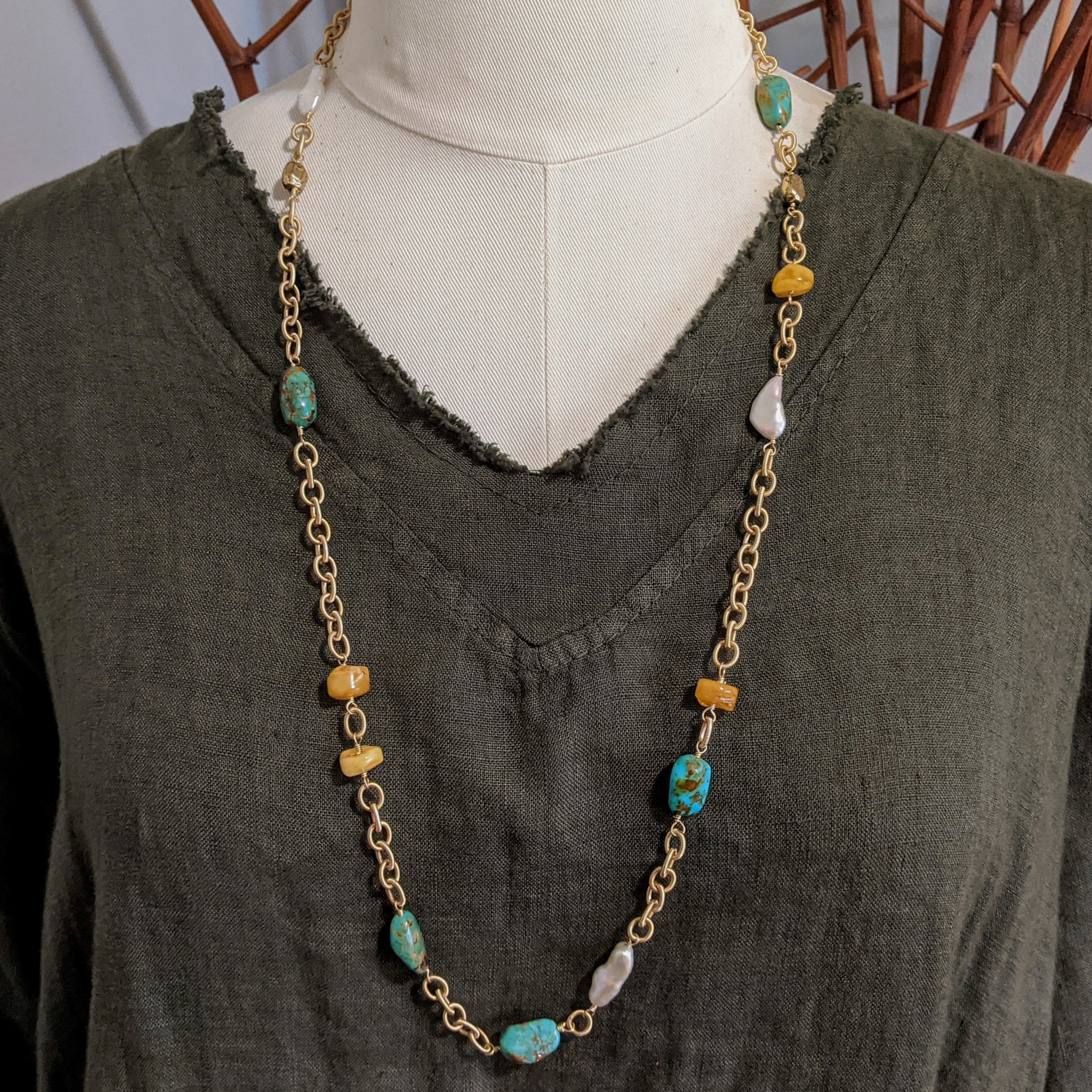 Multi gemstone chain necklace. Rustic, chunky jewelry, handcrafted by Aurora Creative Jewellery.