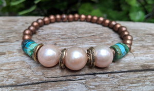 Turquoise & Three Pink Pearls Elastic Bracelet