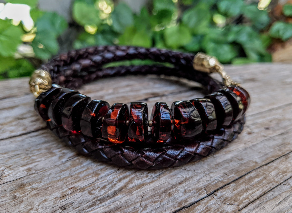 Baltic Amber Leather Wrap Bracelet - Men's/Unisex (dark brown leather)