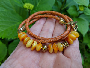 Egg Yolk Amber wrap bracelet. Amber gold bronze bracelet. Bohemian jewelry. Chunky rustic amber bracelet. Handcrafted by Aurora Creative Jewellery.