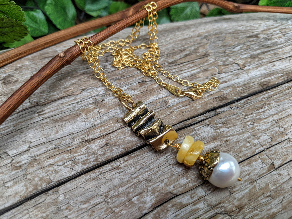 Egg Yolk Baltic amber pendant chain necklace. Rustic chunky necklace. Handcrafted by Aurora Creative Jewellery.