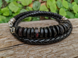Black matte amber leather wrap bracelet. Statement bracelet. Unisex bracelet. Handcrafted by Aurora Creative Jewelley.