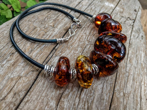 Amber leather artisan necklace. Chunky  rustic necklace. Handcrafted by Aurora Creative Jewellery.